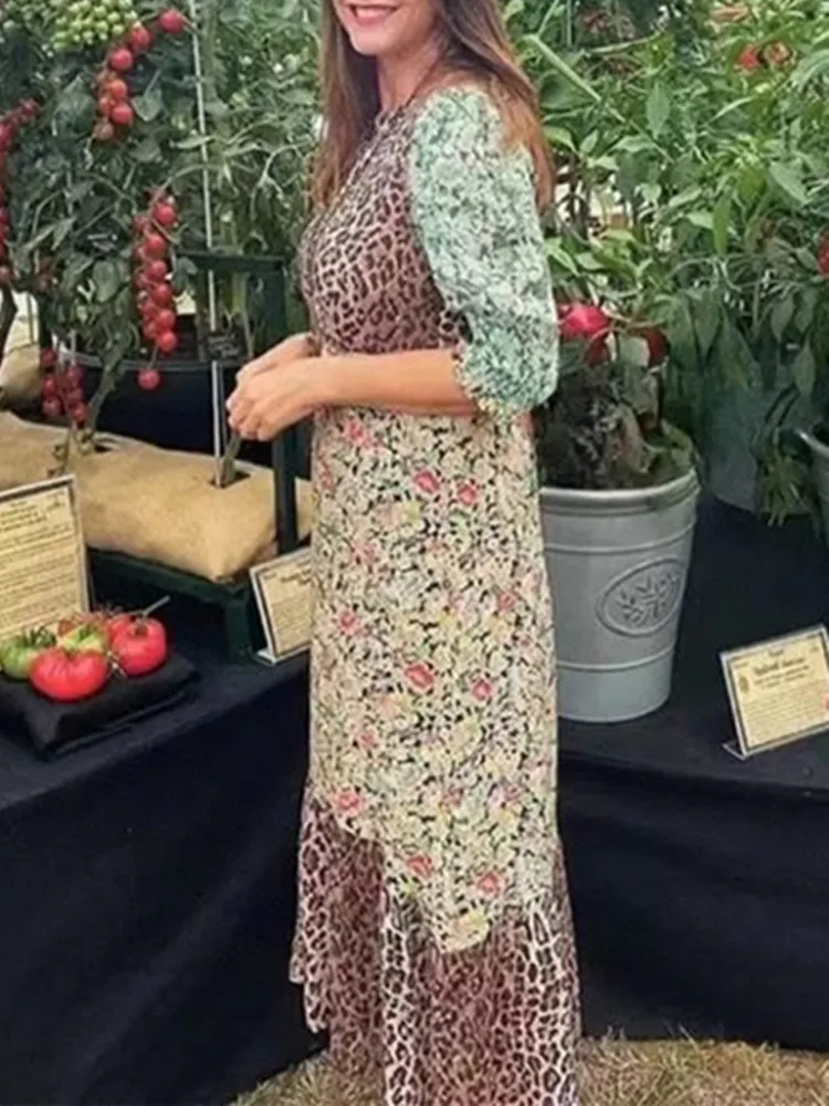 

Leopard Floral Print Midi Dress Women O-Neck Slim French Style Flare Sleeve 2022 New Ladies Fashion Stitching Long Robes