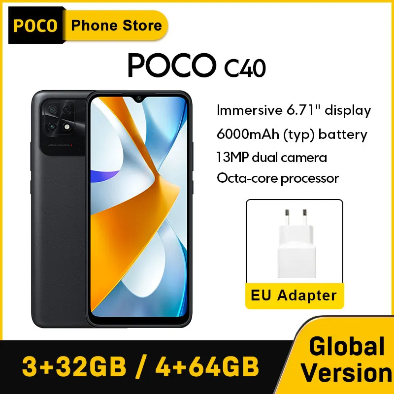  POCO C40, 3 ГБ 32 ГБ/4 ГБ 64 ГБ, Аккумулятор 6000 мАч, дисплей 6,71 дюйма, Восьмиядерный процессор JLQ JR510, камера 13 МП 