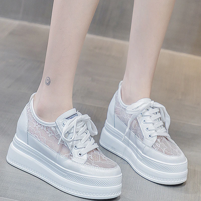 Rainbow Lace 8cm Chunky Sneaker 2023 Fashion Air Mesh Female Breathable Hidden Heels Casual Women Vulcanize Platform Woman Shoes