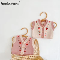freely move 2022 korean style spring baby girl vest knitting v neck sleeveless flower embroidery waistcoat sweater clothes