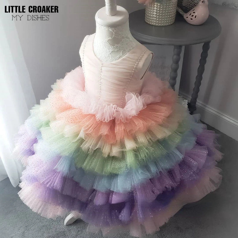 

Girl's Ceremonial Dress Flower Layers Birthday Party Evening Rainbow Cupcake Tutu Tulle Gown Kid Girl Dress with Cute Clothes