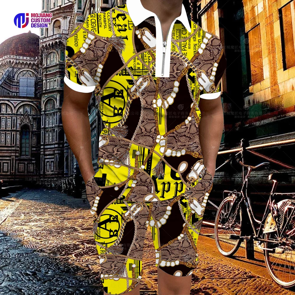 Men's 3D Polo Shirt and Shorts Set Casual Brand Pattern Printed Short Sleeve Zippered Polo Shirt and Shorts Men's Casual Suits