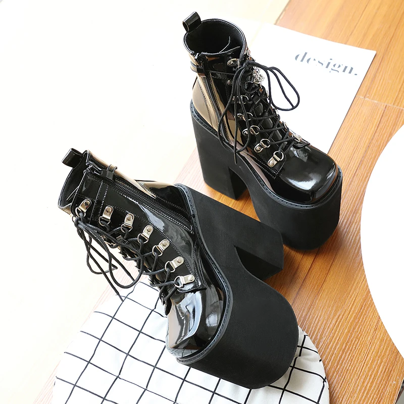 Winter Chain High Heels Women's Boots Square Toe Patent Leather Platform Solid Color Lace Up Black Sexy Ankle Boots Short Bootie