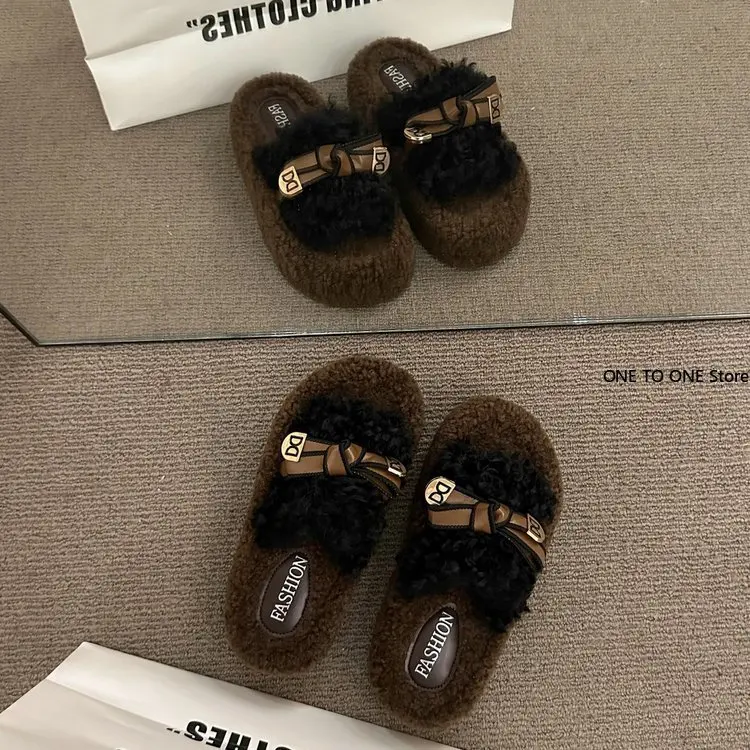 Обувь Женские тапочки на платформе из флока с мехом Шлепанцы средним носком