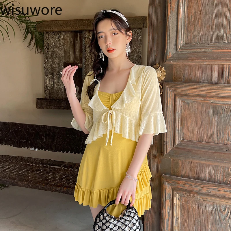 

Wisuwore Swimwear Women One-piece Skirt Suspenders Ruffles Swimsuit with Cover Hot Spring Swimming Skirt Bathing Suit Women 2022