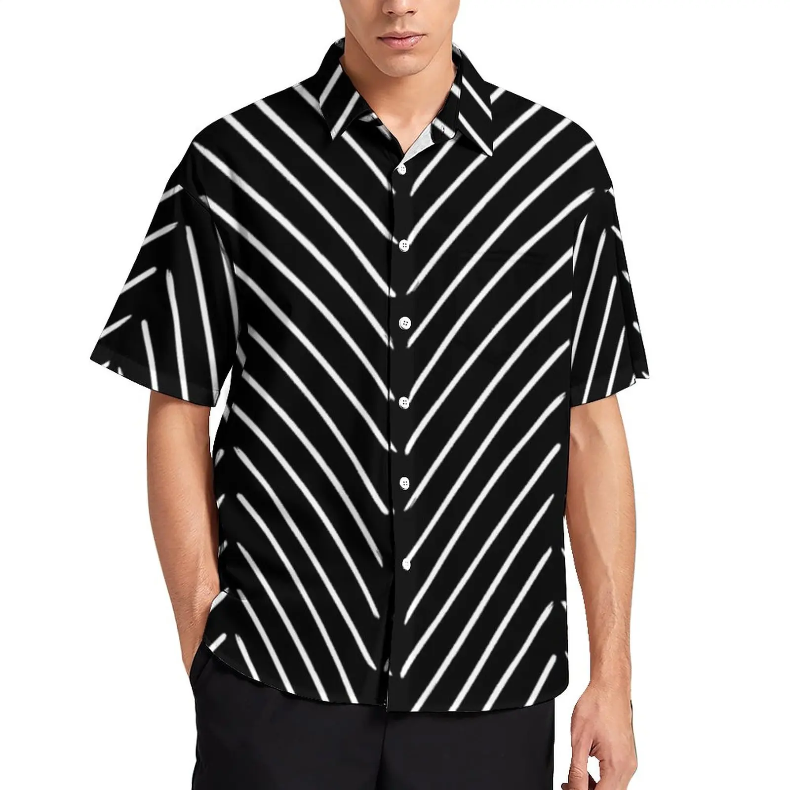 

Retro Nordic Lines Casual Shirts Diagonal Mudcloth Black Hawaii Shirt Short Sleeve Streetwear Blouses Men Big Size