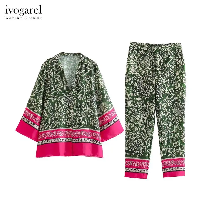 

Ivogarel Oversized Printed Shirt & Ankle-Grazer Pants Set Women's V-Neck Collar Shirt with High Rise Elastic Waist Trousers