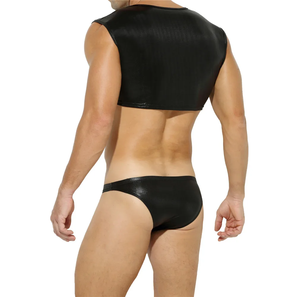 YUFEIDA Men Cropped Tanks Top Sets PU Leather Undershirt Tops Panties Gay Sexy Stage Dance Costume Male Lingerie Vest+shorts Set