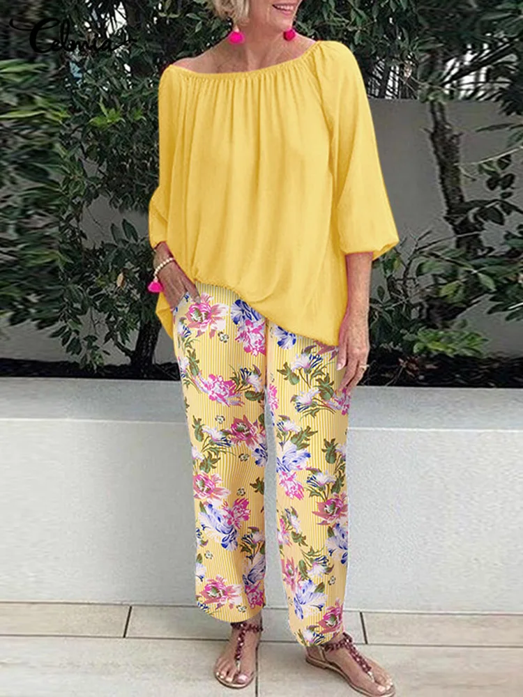 

Celmia 2023 Summer Women Two Piece Outfits Casual Loose Solid Tops and Floral Pants Holiday Pant Sets Elegant Comfortable Sets