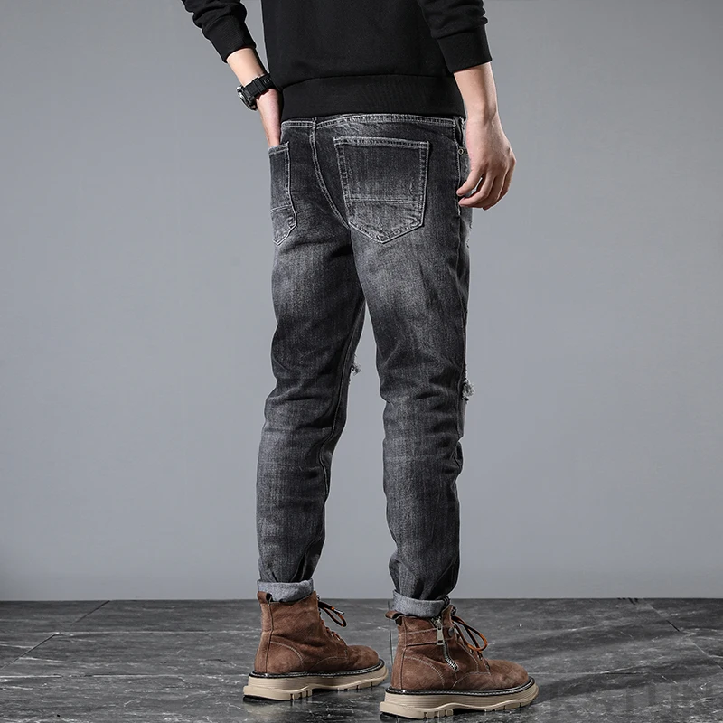 Джинсы мужские Стрейчевые в стиле хип-хоп с потертостями