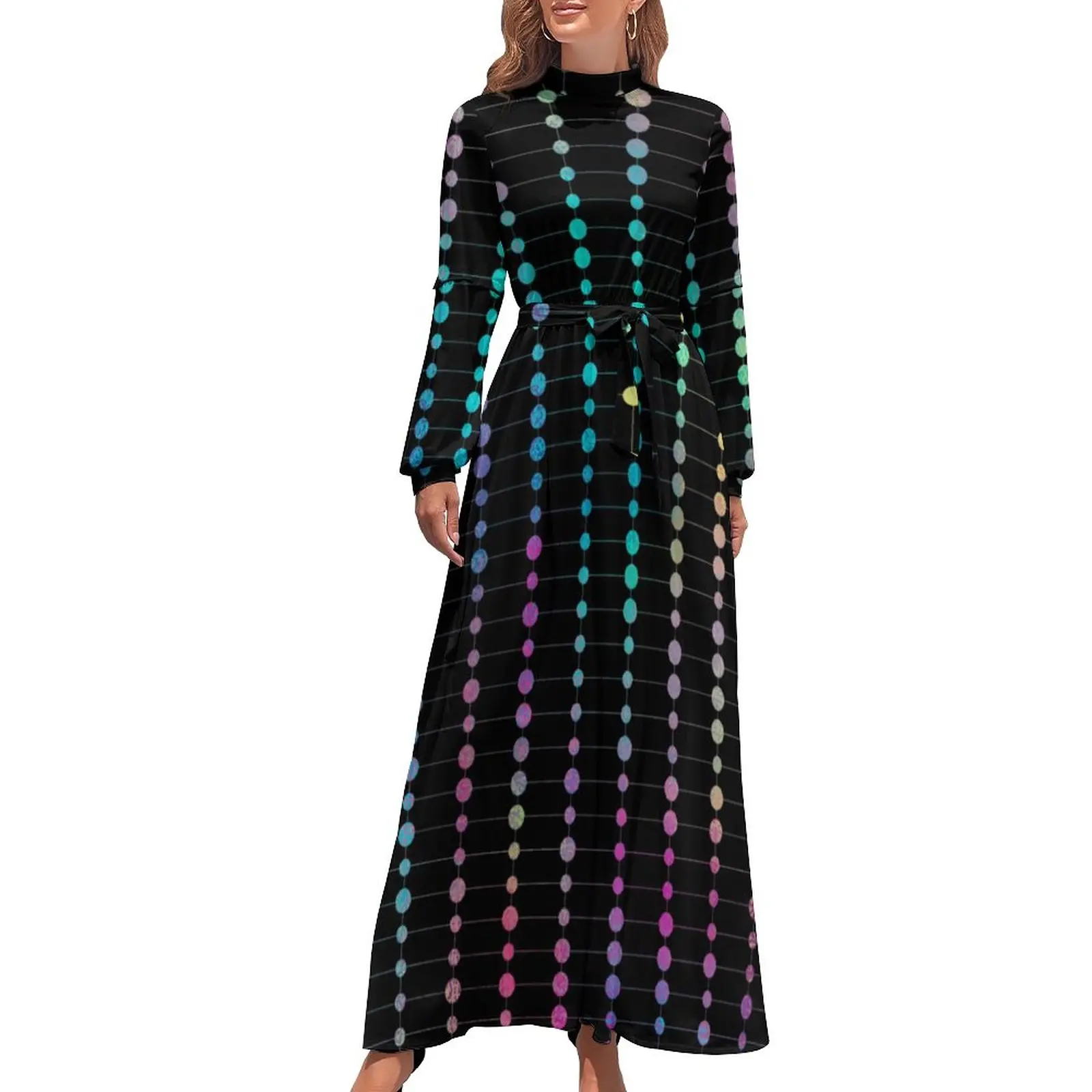 

Colorful Dots Stripes Dress Long Sleeve Elegant Modern Print Party Maxi Dress High Waist Aesthetic Casual Bohemia Long Dresses