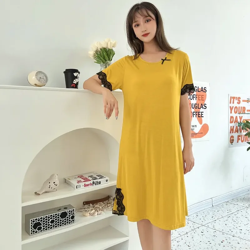 

Modal Pajamas Vestidos for Women's Spring and Summer Short Sleeve Nightwear Lace Design Round Neck Thin Casual Vintage Dress