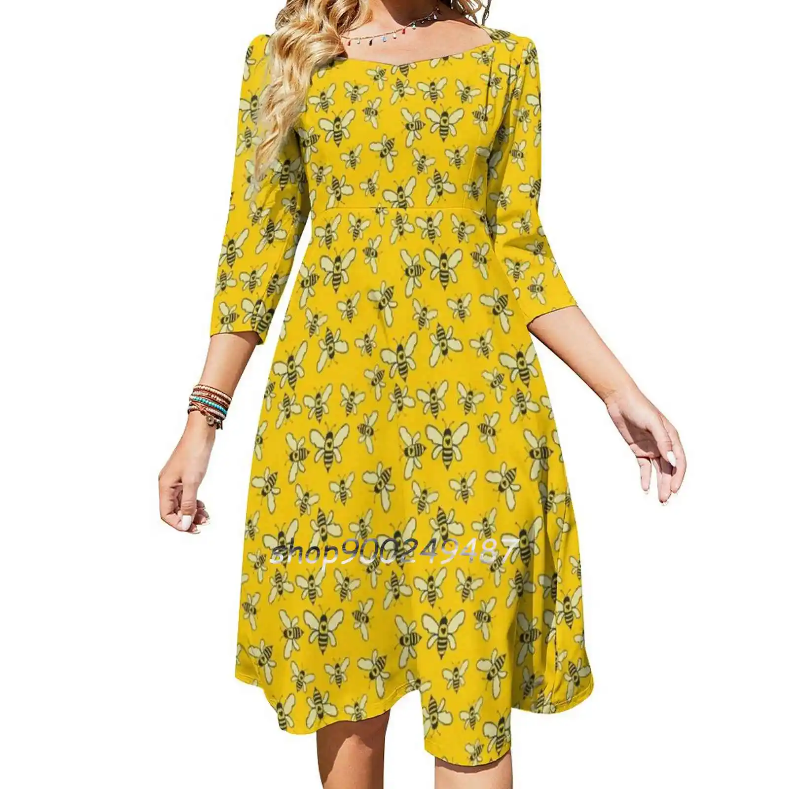 

Honey Makers Square Neck Dress Sweet Summer Dress Women Elegant Halter Print Dress Jmhurd Honey Bees Honey Bees Nature