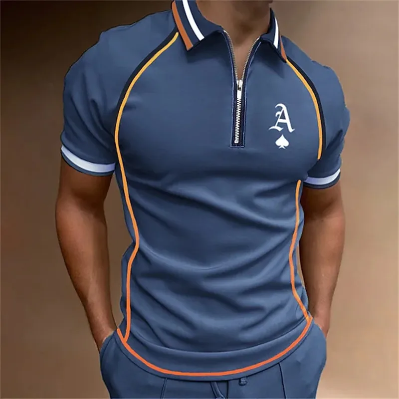 

Fashion Men's Clothing Polo Shirts Casual Turn-Down Collar Zipper Streetwear Digital alphabet Short Sleeve Tee Shirt Men Tops
