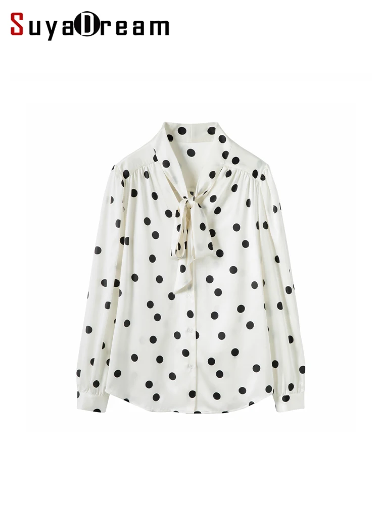 SuyaDream Women Dots Shirts 93%Mulberry Silk 7%Spandex Bow Collar White Chic Shirts 2023 Spring Autumn Office Lady Printed Top