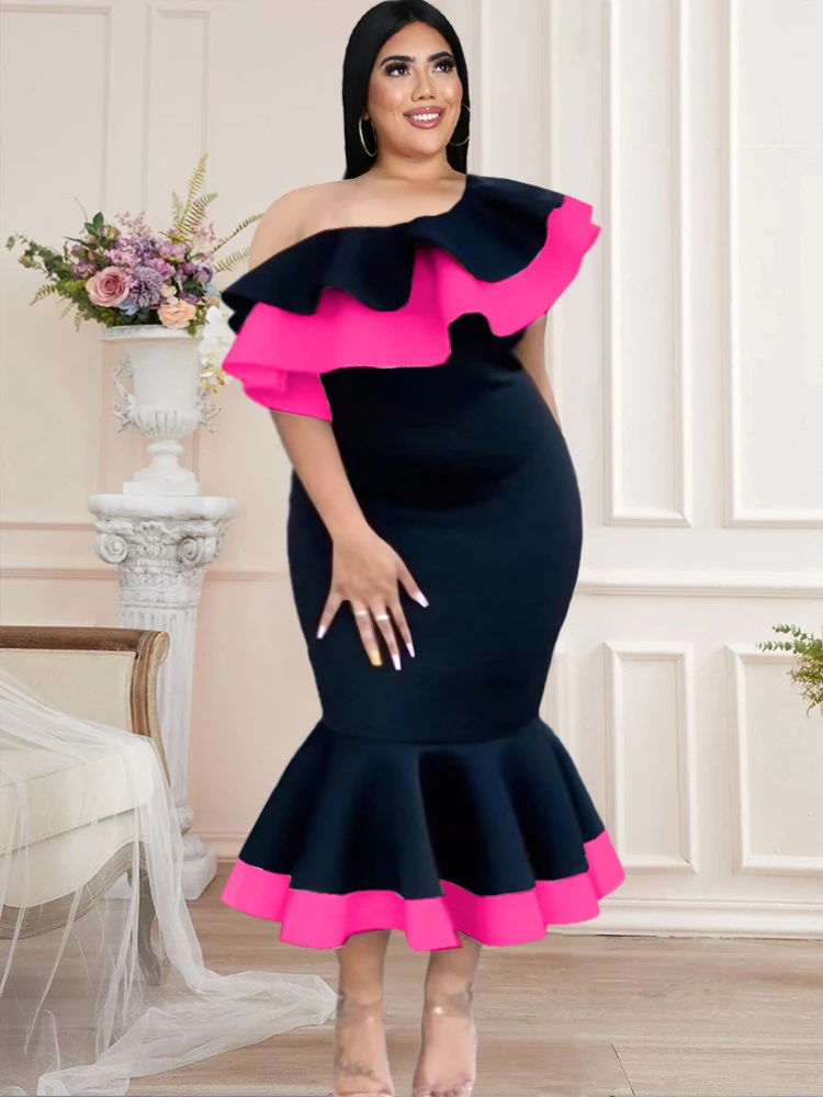 Plus Size Women Mermaid Dress Bodycon One Shoulder Ruffle Black Color Block Midi Robes Elegant African Party Birthday Event Gown