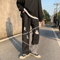 2021 new arrival hole ripped patchwork hip hop men wide jeans trousers punk straight loose casual denim daddy pants moda hombre