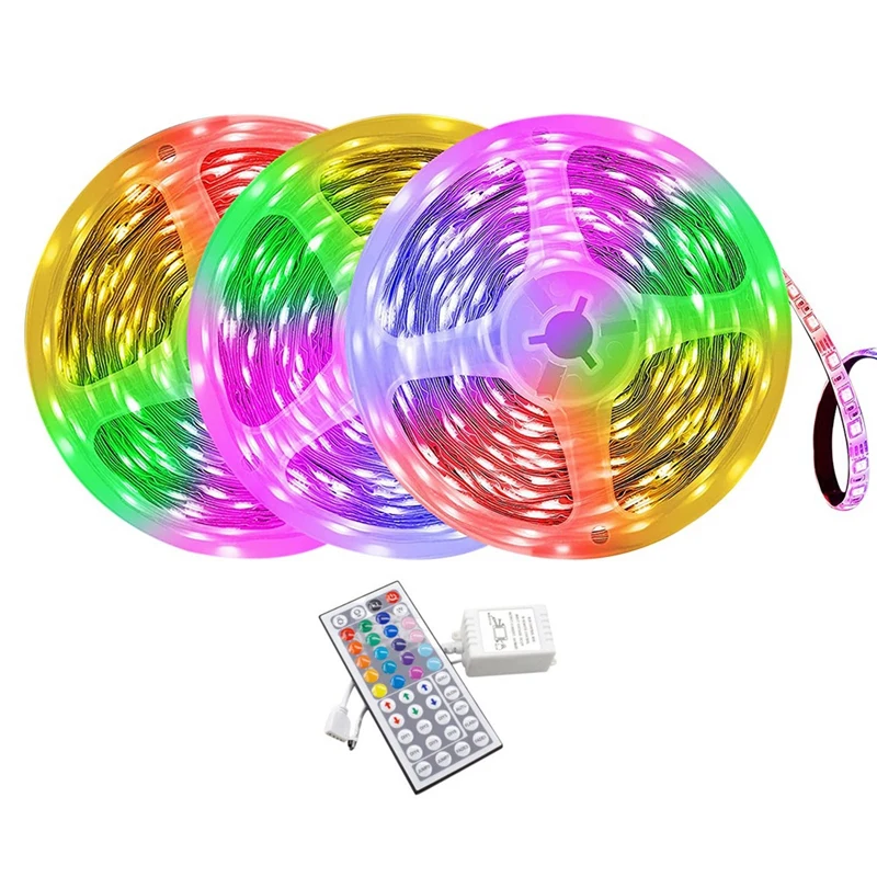 

Светодиодные ленты, 15 м, гибкие светильники 3528 RGB, многоцветные, с пультом ДУ на 44 кнопки, для украшения спальни, телевизора, подсветки