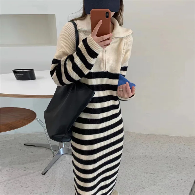 

Vintage Lapel Zipper Striped Women Sweater Dress Fall Winter Long-sleeved Sweater Women Dresses Clothing For Women