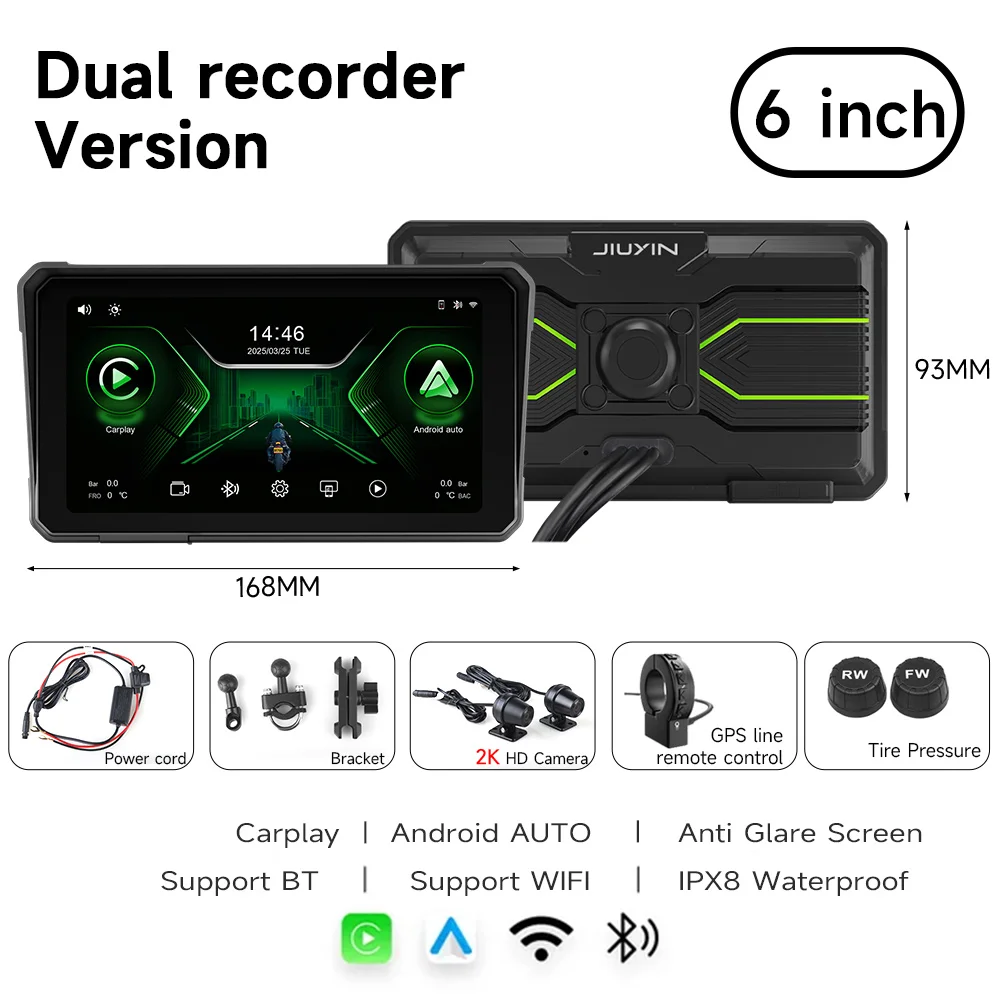 

JIUYIN 6-дюймовый IPX8 водонепроницаемый мотоциклетный GPS-навигатор Беспроводной Carplay Android Auto DVR Drive Recorder Монитор WIFI