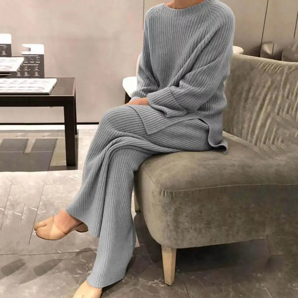 

Women Loose Knit Sweater Suit Solid Color O Neck Pullover Wide Leg Pants Suit Autumn Winter 2 Pieces Set Homewear