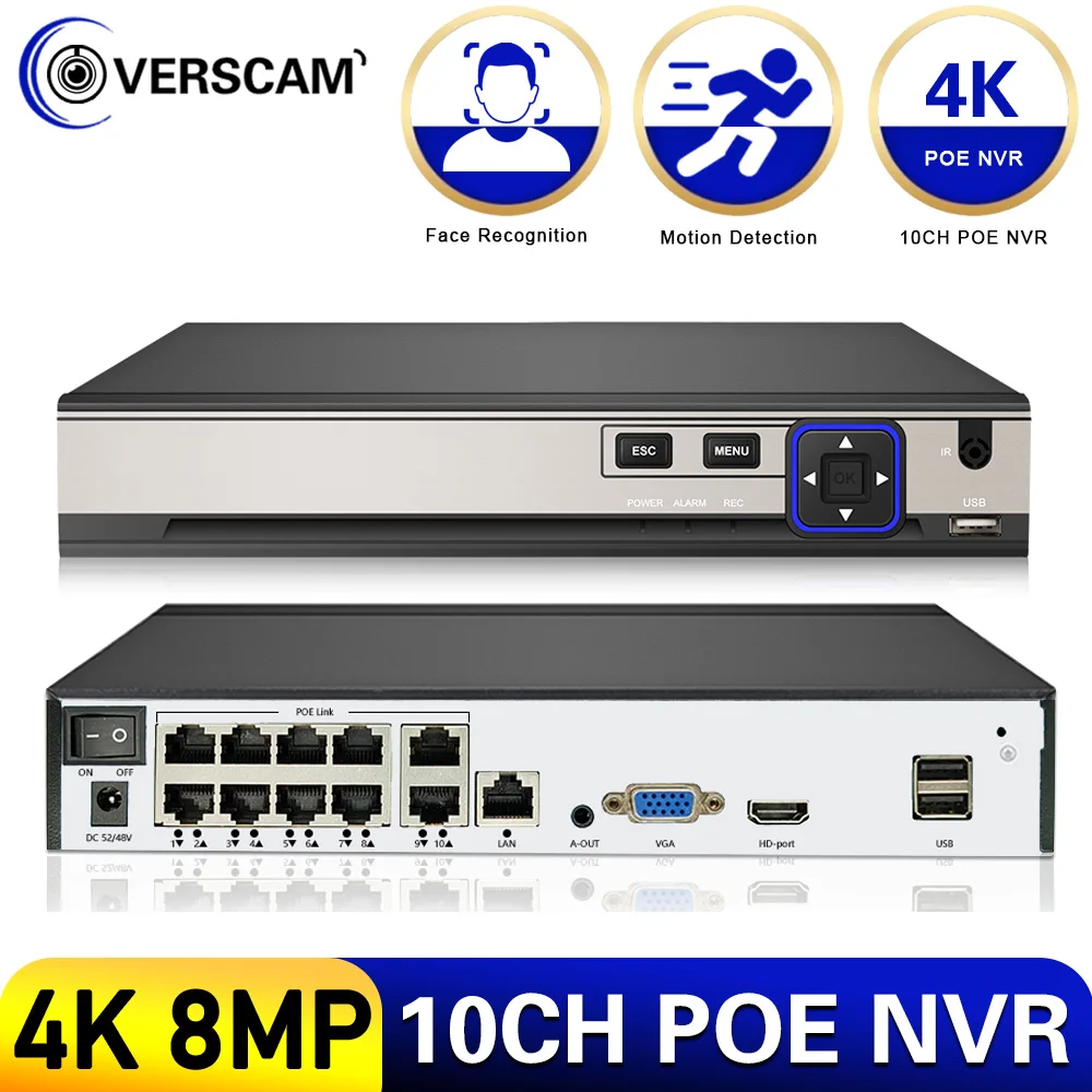 8-канальный 10-канальный Сетевой Видеорегистратор POE H.265 4K Для IP ...