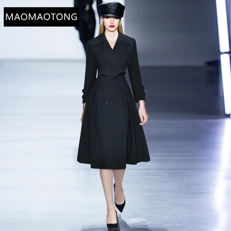 

Женский двубортный тренч на шнуровке, повседневное длинное однотонное пальто с отложным воротником и длинным рукавом, верхняя одежда на ос...