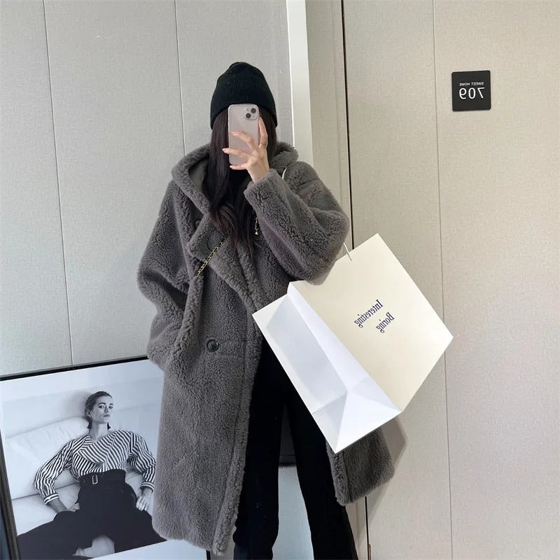 Autumn and Winter New Hooded Fur Coat Womens Medium Long Real Lamb Wool Sheep Sheared Fur Jacket Women