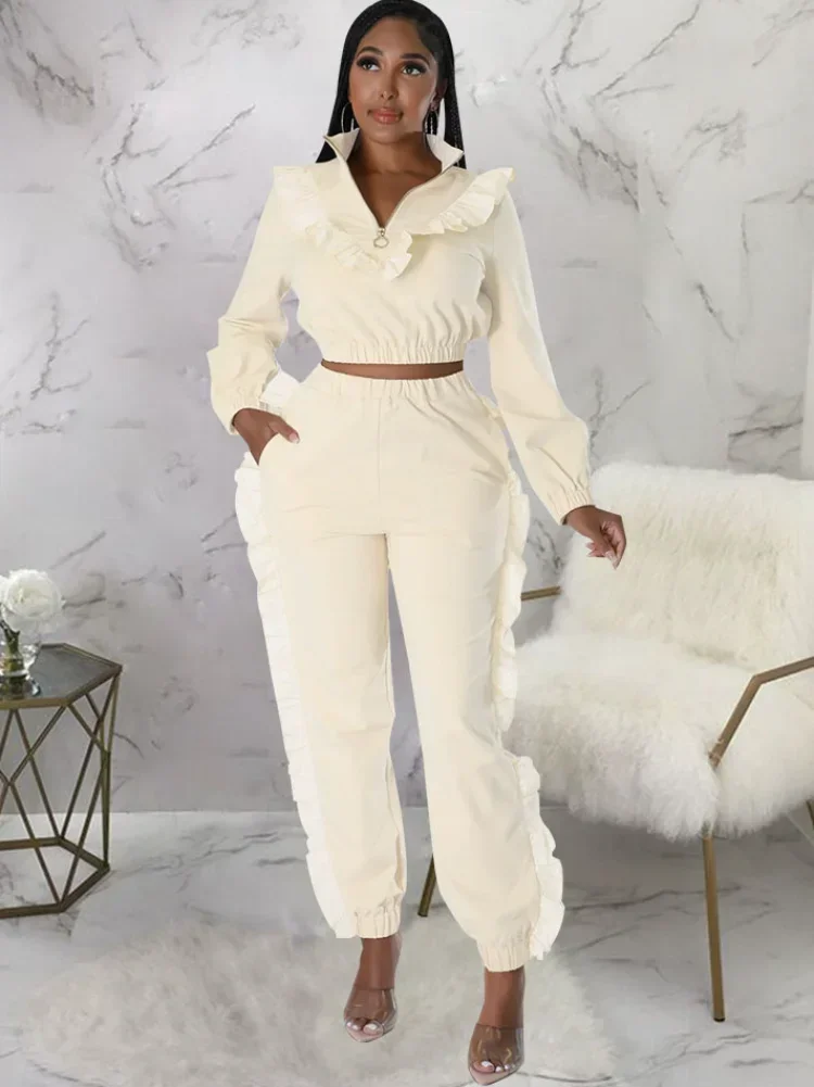 KEXU винтажный брючный костюм с оборками и рюшами толстовка на молнии комплект из