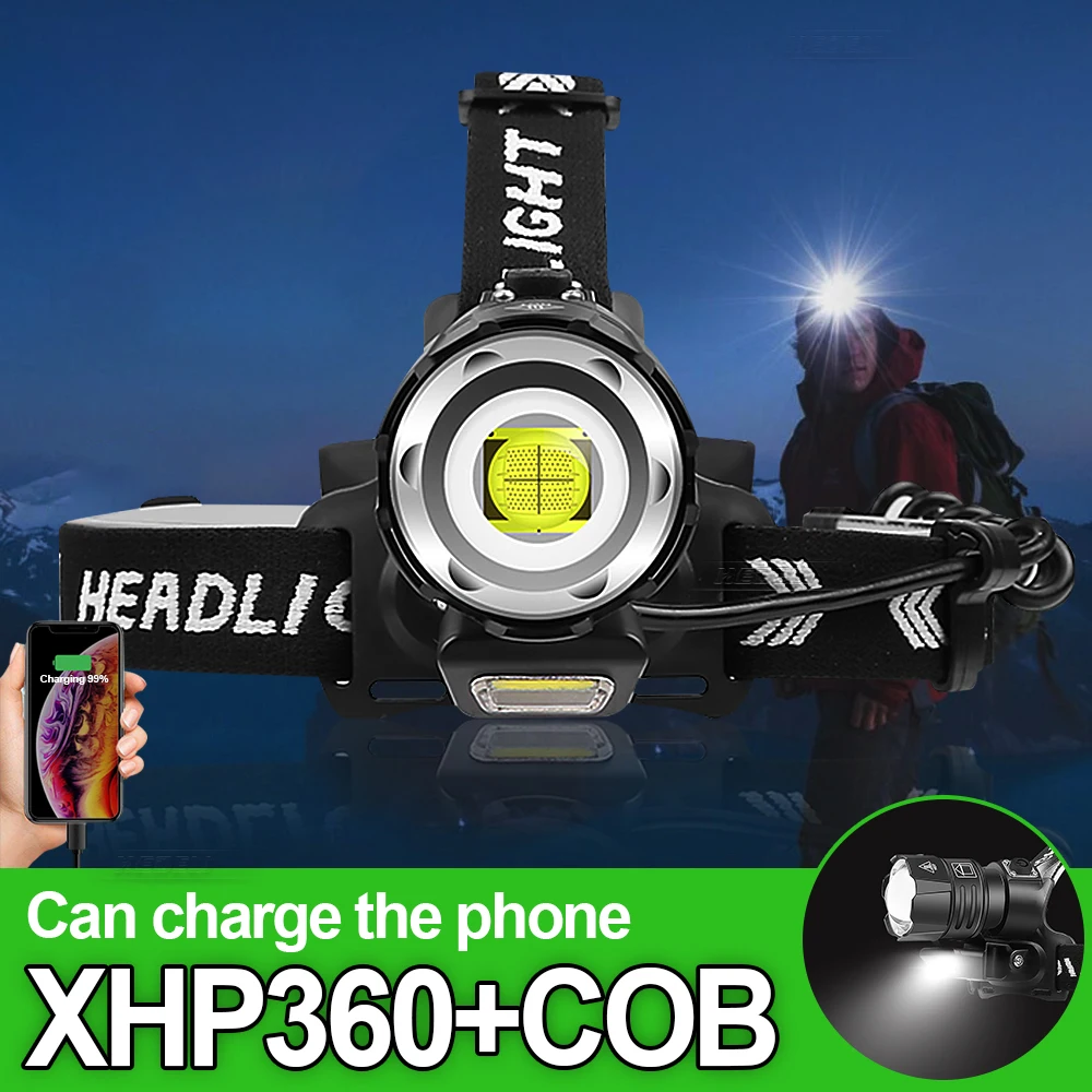 

Super Powerful XHP360 LED Headlamp Rechargeable USB Headlight High Power Head Lamp Outdoor Waterproof Zoom Camping Head Lantern