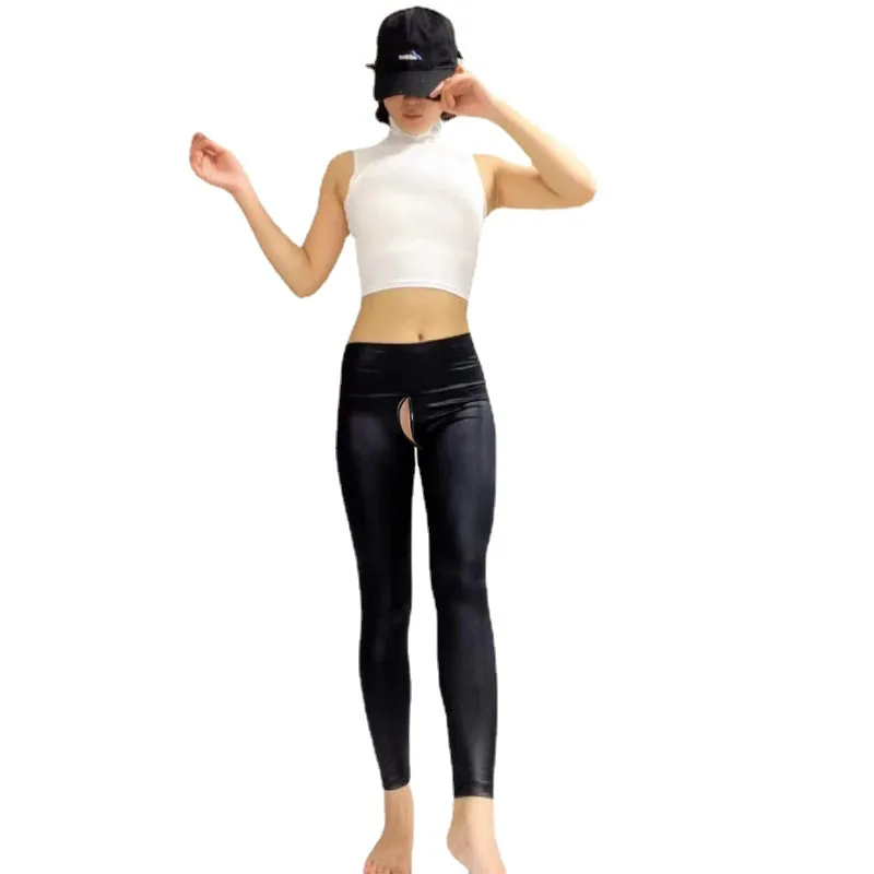 Sexy Bright Imitation Patent Leather Leggings Hidden Open Crotch Pants Outdoor Sex High Waist High Yoga Exercise Fitness Pants