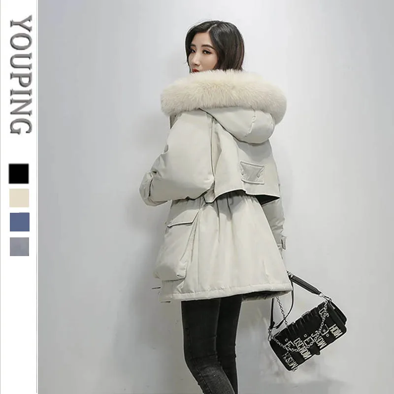 YOUPING Korean Fashion Women Parkas Down Jacket 2022 New Thicken Fur Collar Hooded Jacket Mid-length Loose Thick Cotton Clothing