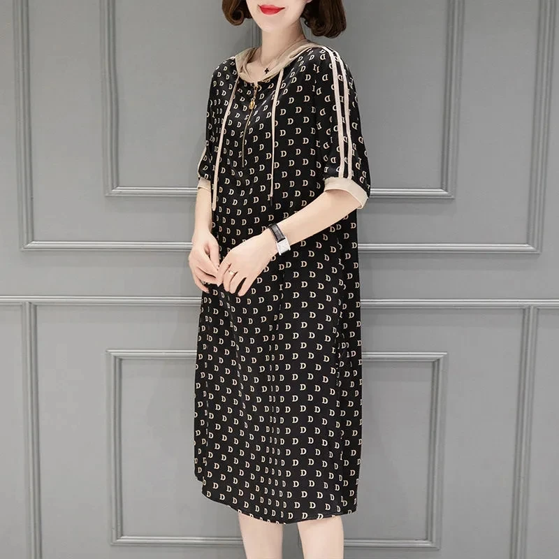

High-end Women's Dress 2022 New All-match Summer Loose Thin Section Simulation Silk Casual Fashion Mid-Length Skirt Commuting W7