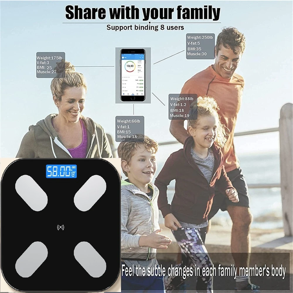 Фото Электронные весы с Bluetooth, умный прибор для измерения массы тела и индекса массы тела, с ЖК дисплеем, анализатор состава тела, для ванной комнаты №5
