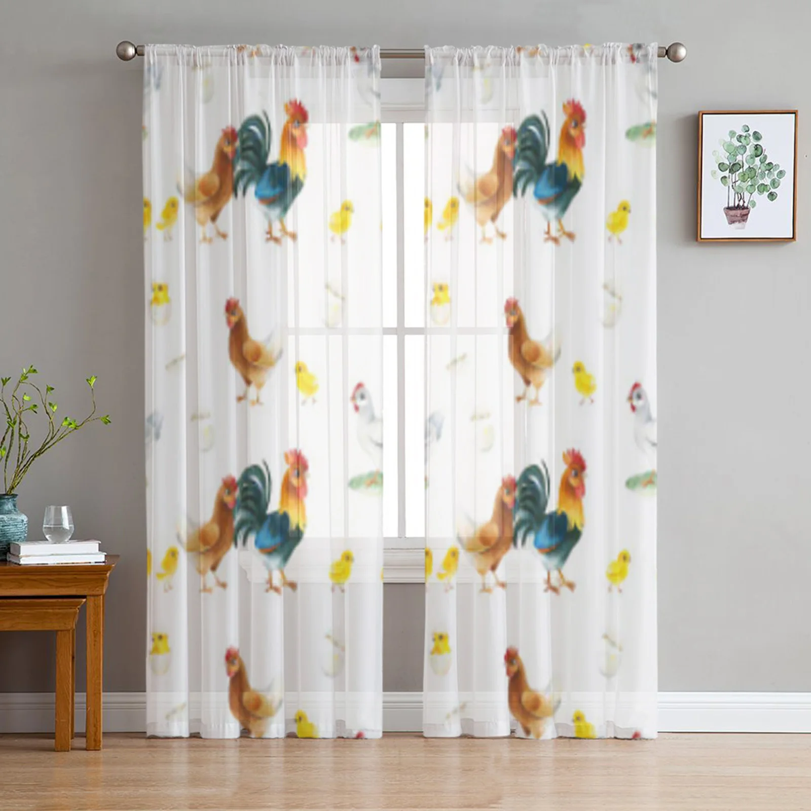 

Farm Watercolor Rooster Hen Chickens Tulle Sheer Window Curtain for Living Room Bedroom Voile Organza Decorative Curtains Drapes