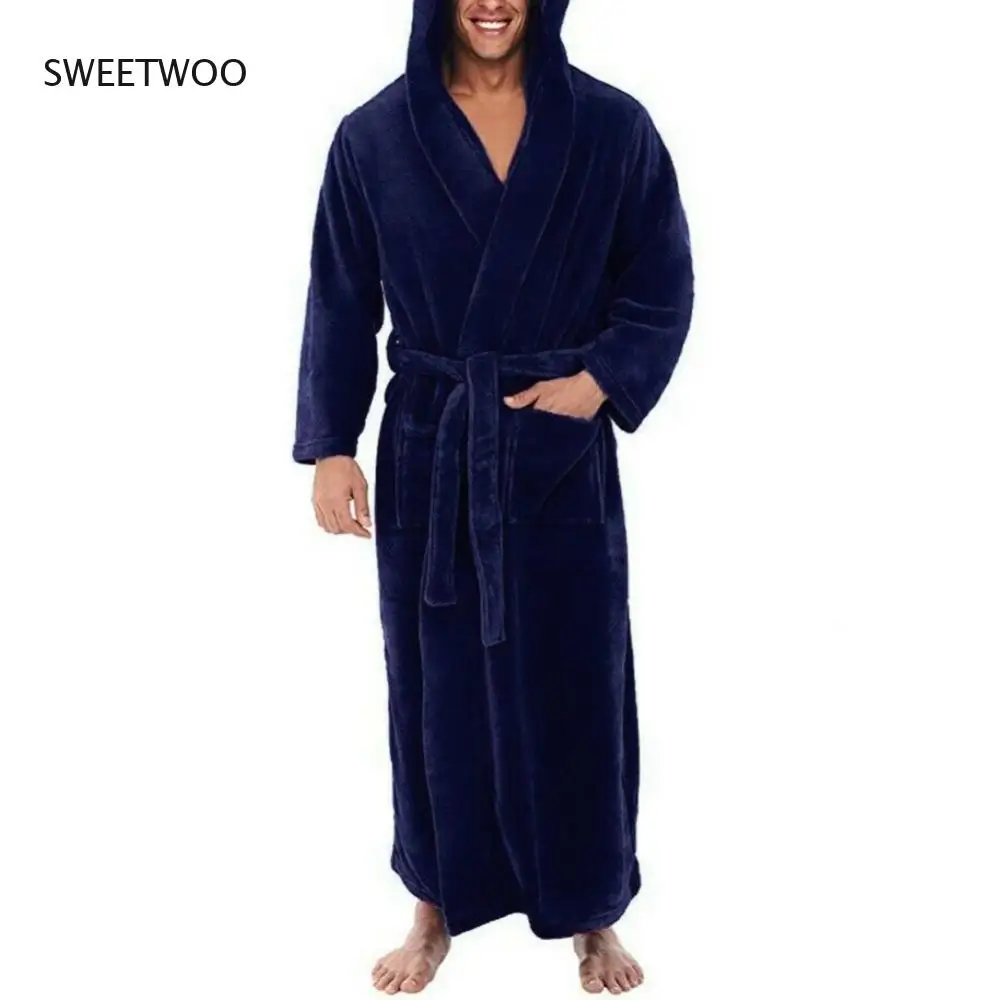 Men Soft Coral Fleece Solid Color Pockets Long Bath Robe Home Gown Sleepwear Towel Robe Winter Pajamas 2022