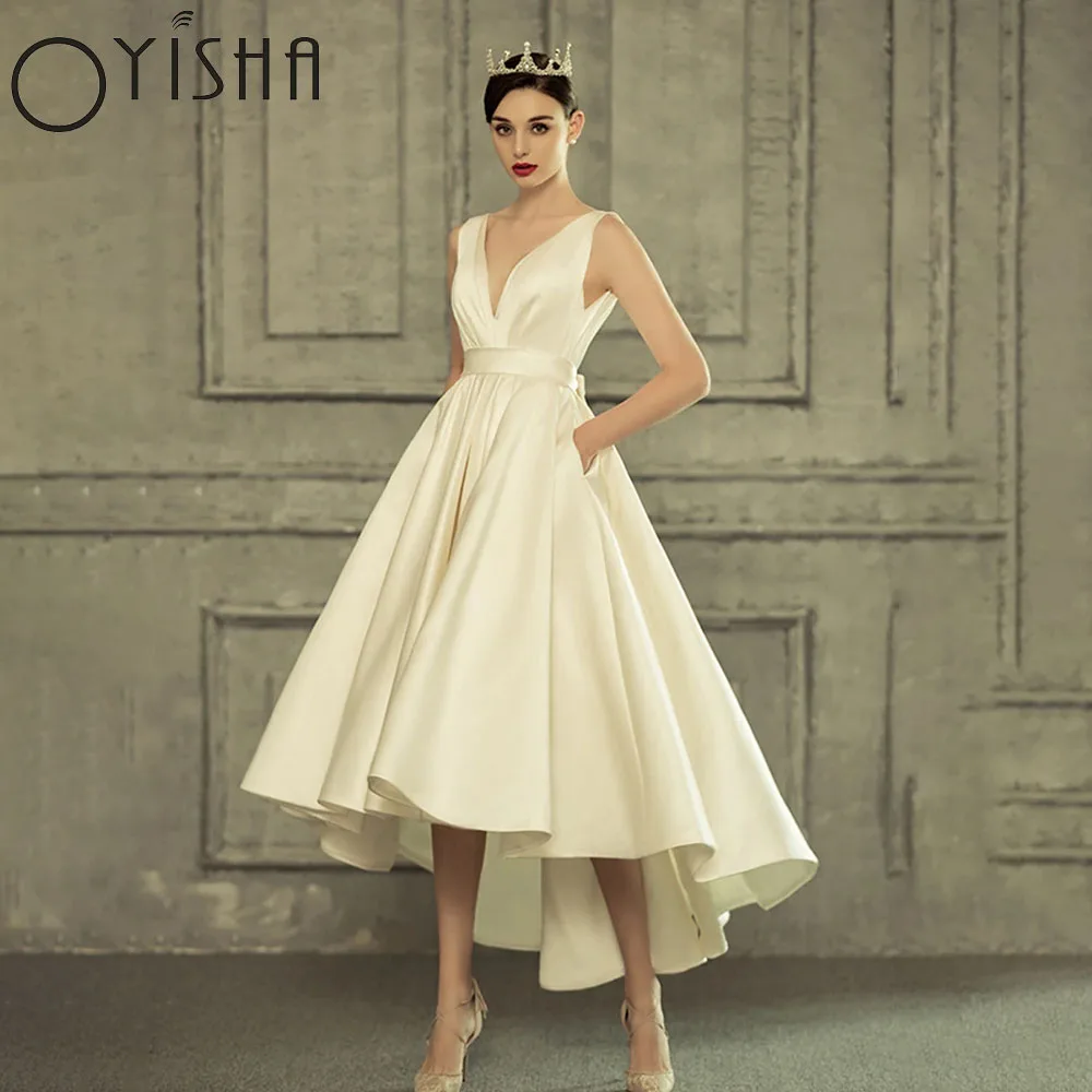 

OYISHA Fashion Boho Wedding Dresses 2022 High-Low V Neck Satin Backless Bow Formal Bride Dress With Pocket Vestidos Noiva