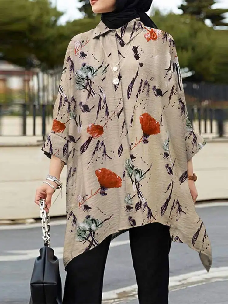 

Vintage Printed Tops Women Autumn Blouses ZANZEA Casual Islam Clothing Long Sleeve Blusas Female Floral Tunic Oversized Chemise