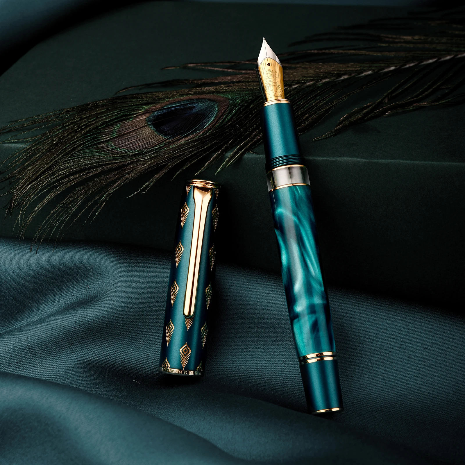 Hongdian N7 Resin Piston Fountain Pen EF/F/M/Long Knife Nib Beautiful Green / Gray Peacock Totem Cap Writing Office Gift Ink Pen