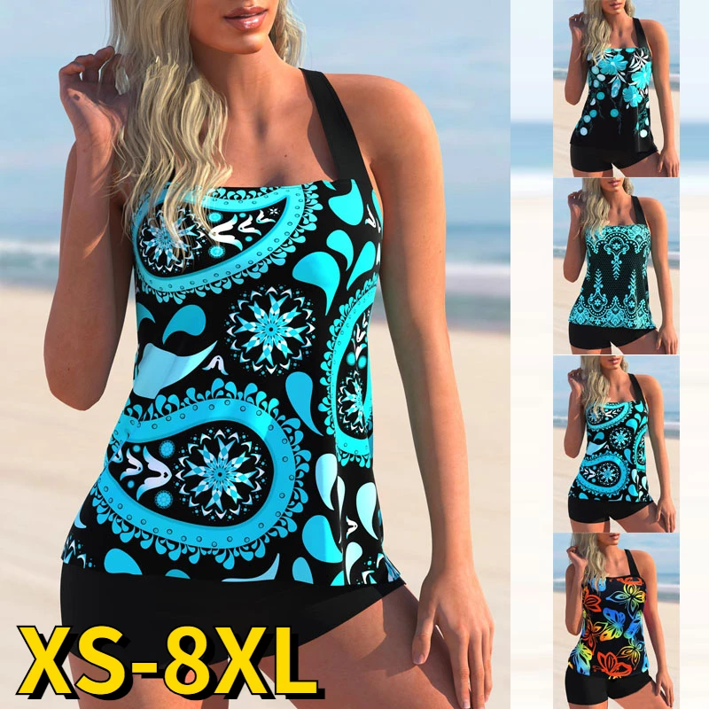 

Women Sexy Swimsuit Floral Printed Tankini High Waist Monokini Female Summer Swimwear Bathing Suit Two Pieces Loose Beachwear