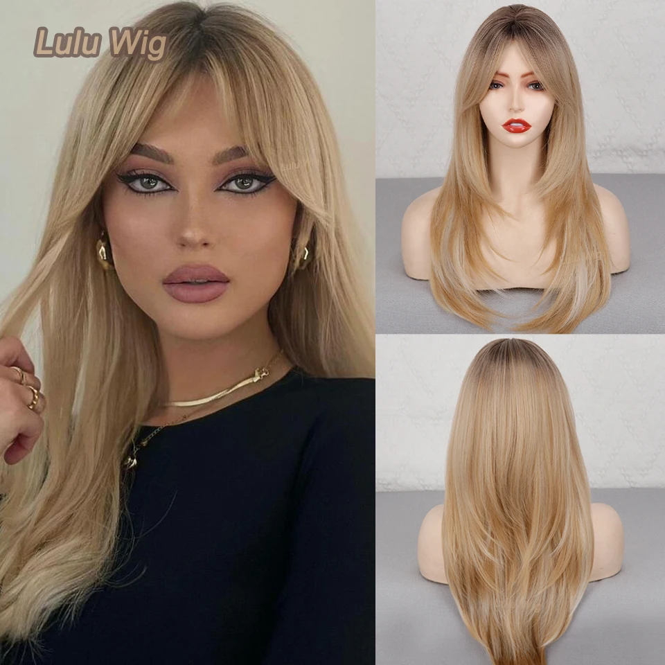 Long Blonde Wigs for Women Layered Synthetic Hair Wig with Dark Roots Ombre Black Blonde Ash Wigs with Bangs for Daily Party