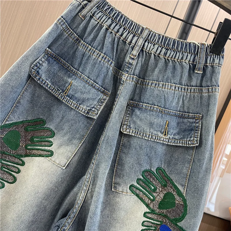 European Goods Hip Hop Ripped Jeans for Women 2023 Spring Summer New High Waist Embroidery Loose Oversize Cropped Harem Pants