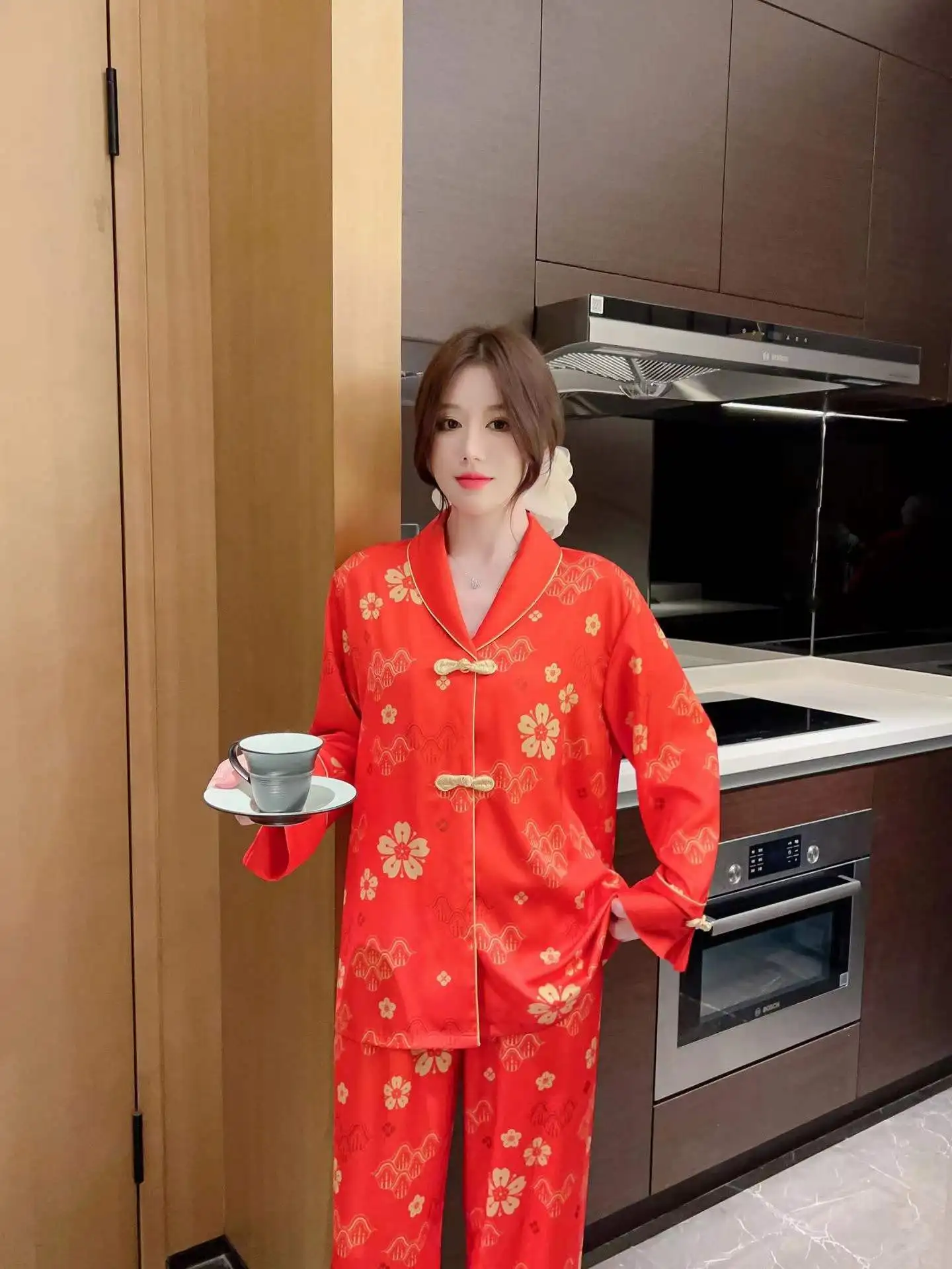 Women's Pajamas Ice China-Chic Style Winter Lady Long Sleeve Pants Autumn Loose V-neck Fashion Home Suit Panbuckle Sleepwear