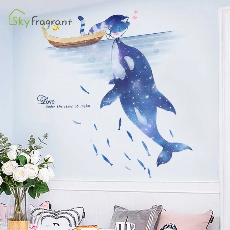 Наклейки на стену в виде мультяшного звездного неба дельфина кота наклейки для