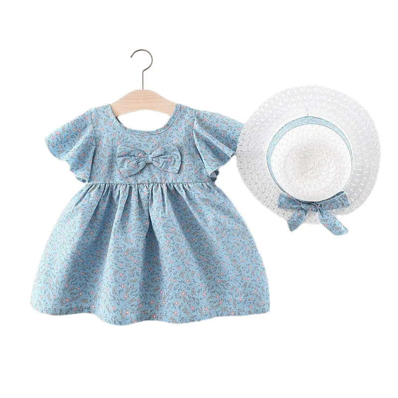 

Child Girl Dresses with Bucket Hat Cotton Floral Baby Girl Clothes Spain Children Dress Summer Blue Pink Bow Princess Clothing