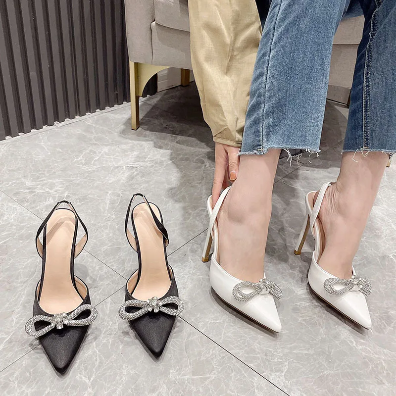 

Summer New Women's High-heeled Sandals Pointed Bow Rhinestone Sexy Stiletto High-heeled Shoes with Baotou Single Shoes