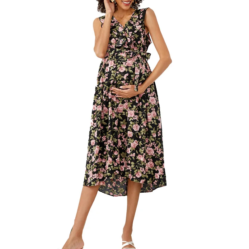 Summer Maternity Dresses Maternity Maxi Dress Plus Size Dress Ruffle V-neck Open Back Cotton Sleeveless Floral Pregnancy Dress