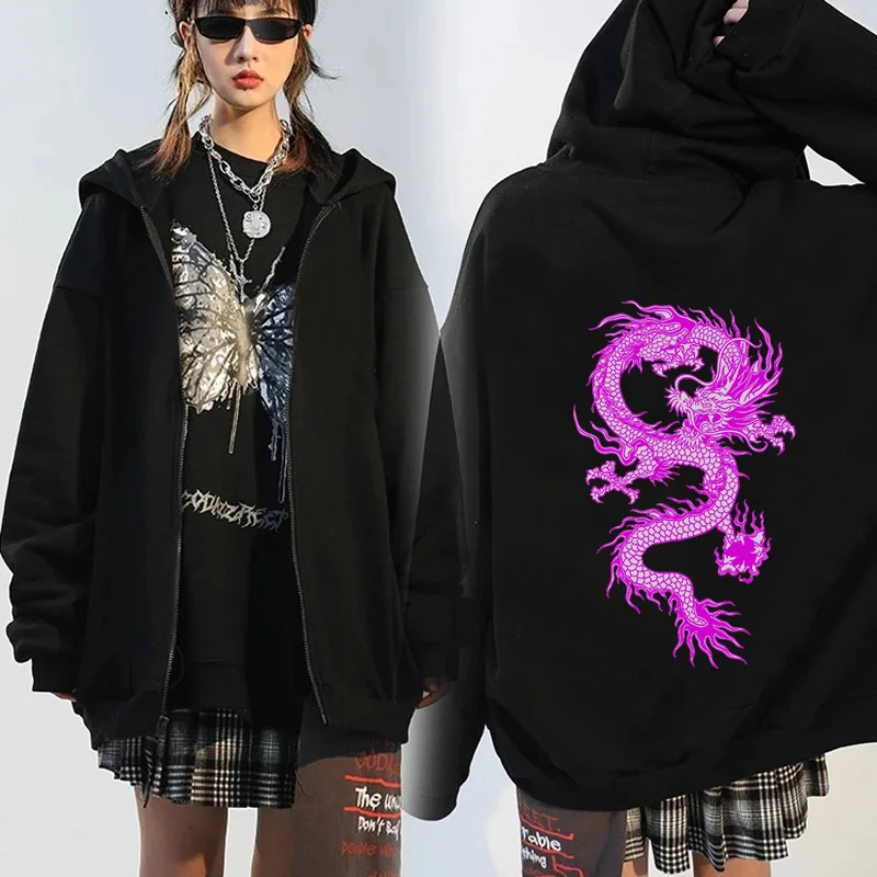 

Chinese Dragon Print Gothic Streetwear Long Sleeve Zip Up Hoodies Y2k Grunge Clothes Sweatshirt Fashion Punk Sport Coat Pullover