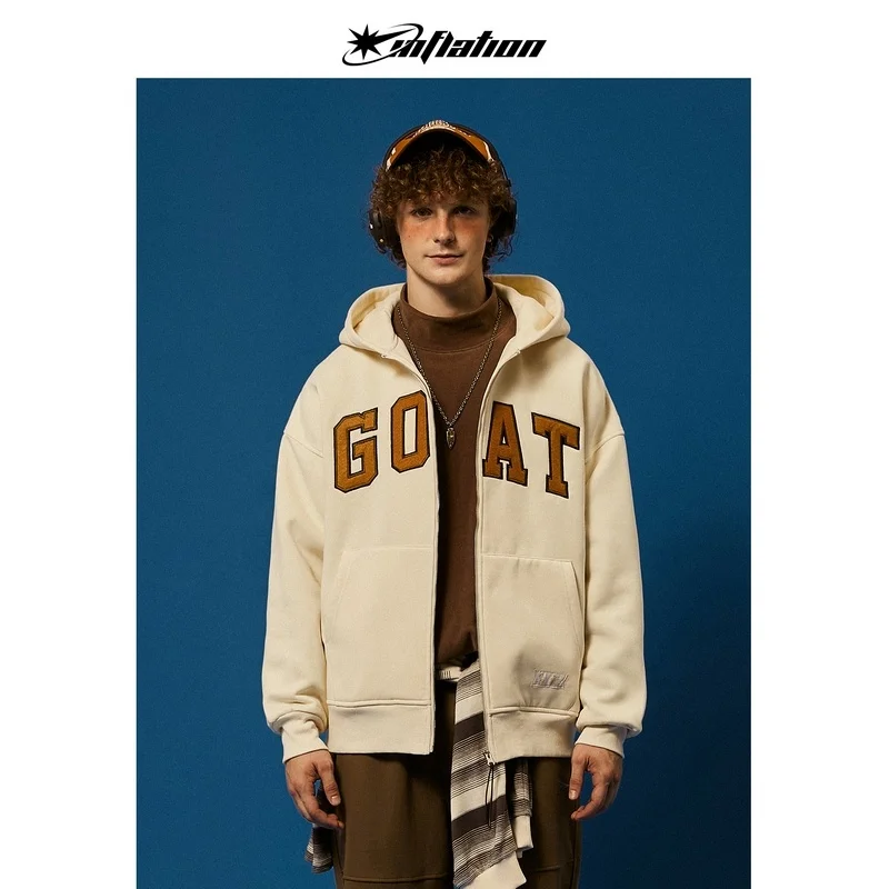 

INFLATION American Vintage Fleece Hooded Zip Up Jacket Unisex Winter Heavyweight Thick Warm Polar Fleece Jacket for Men