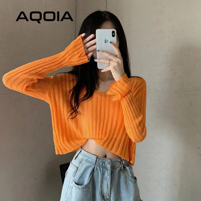 

Spring Sexy Solid Color thin Women Sweater Long Sleeve Loose Transparent Short Womens Sweaters INS V Neck Female Pullovers
